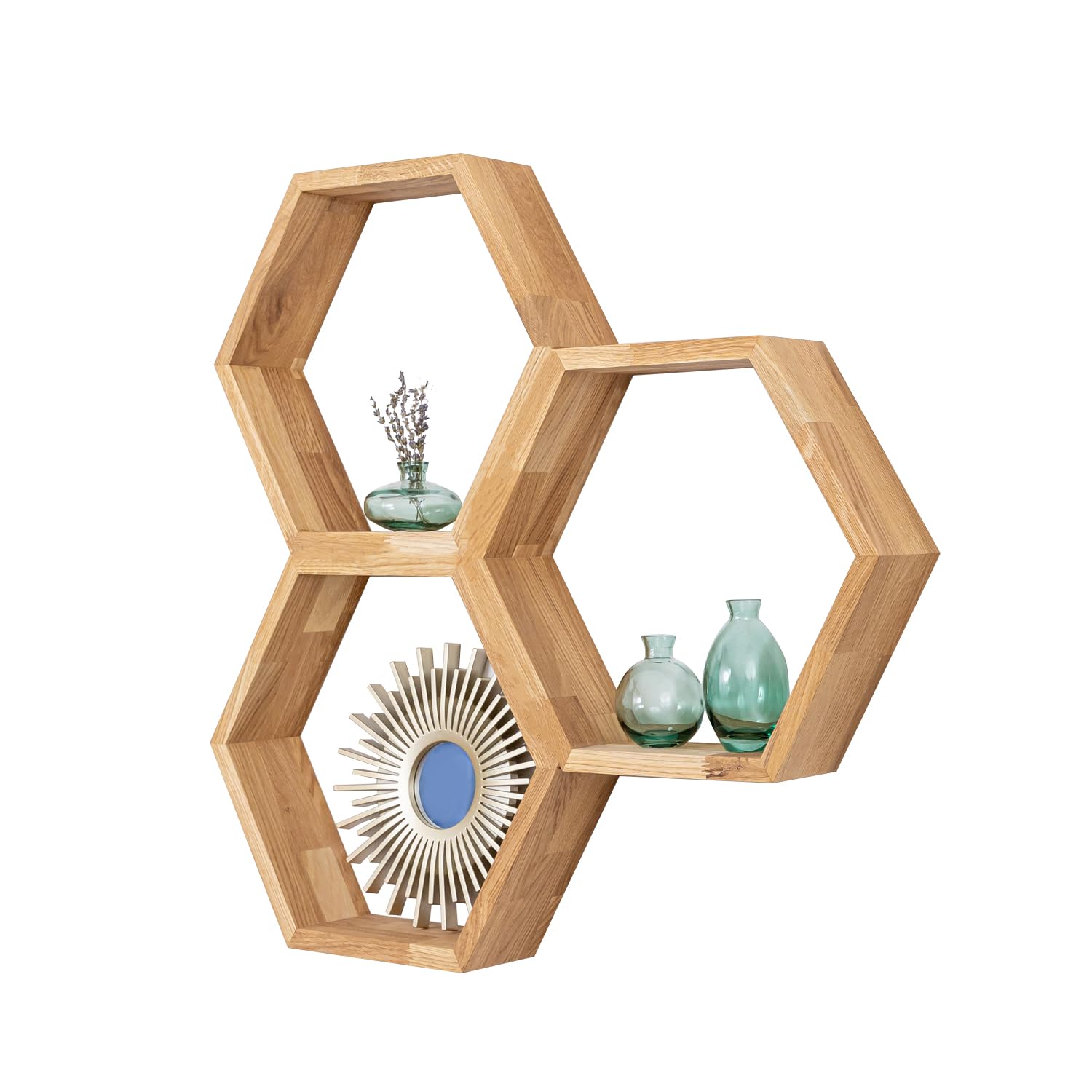 domli Solid Oak Wooden Hexagonal Shelf | Set Of 3 Shelves | Home Storage Unit Solution For Bedroom, Living Room, Bathroom, Kitchen or Office