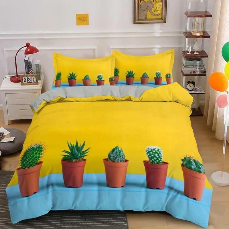 Housse de Couette 220x240 Cactus Jaune en Microfibre avec 2 Taies d'Oreiller