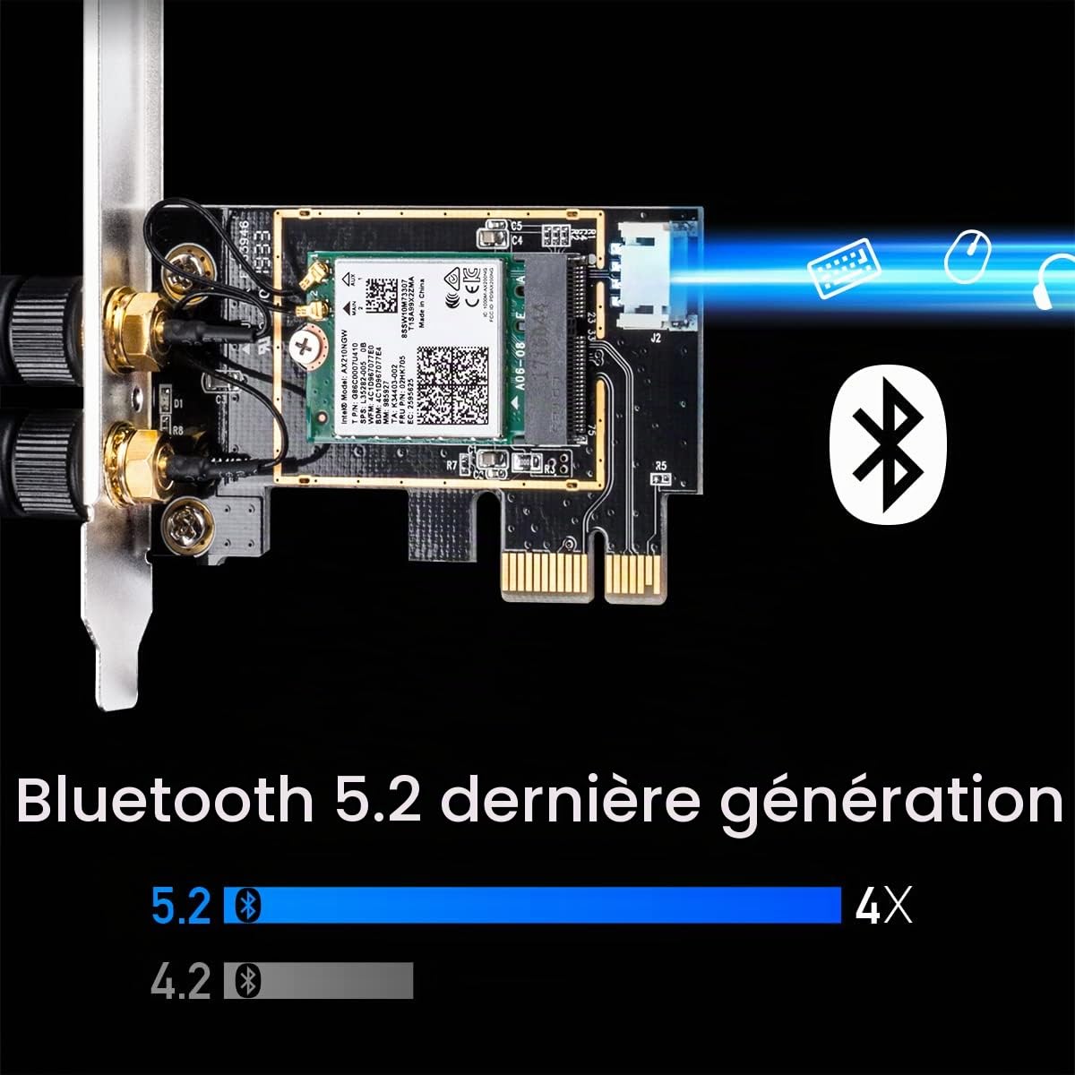 Cudy WE3000 Ax3000 Carte WiFi 6 PCIe pour PC, 2402Mbps + 574Mbps, AX200, OFDMA, Bluetooth 5.0/4.2/4.0, Windows 10 | Support Win10/11 64-bit; 2.4/5GHz Double Bande 2402+574 Mbps; 1024-QAM Tech; WPA3 Sécurité; MU-MIMO OFDMA; Deux 5dBi Antennes