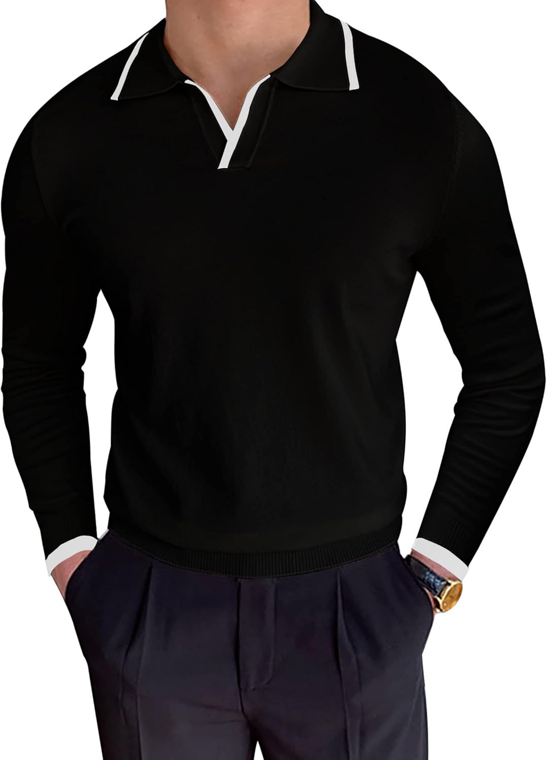 Su ter polo de manga larga para hombre tejido ajustado cuello en v casual a  rayas