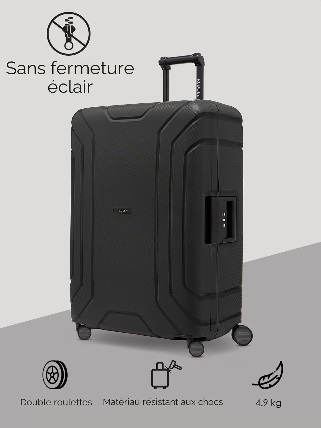 REDOLZ Valise Rigide Taille L XL | sans Fermeture Éclair | Grand Bagage Soute 75x53x28 cm | Polypropylène | Fermeture 3 Points | Serrure TSA | Essentials 15