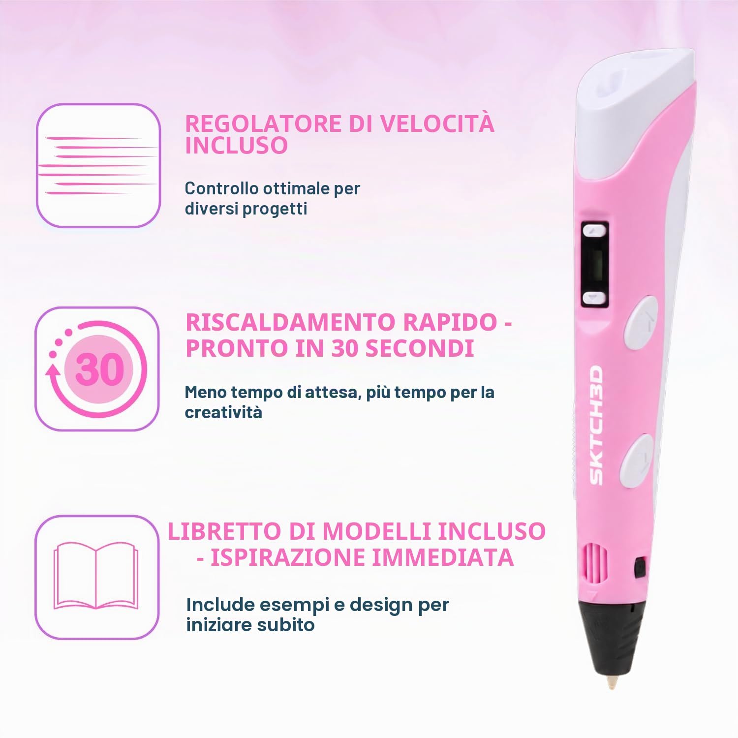3D Pen con 50m di filamento PLA – Set iniziale professionale per penna 3D con 10 colori, adattatore USB, libro di modelli e istruzioni – Penna 3D per creativi, fai da te e disegno in 3D (Rosa
