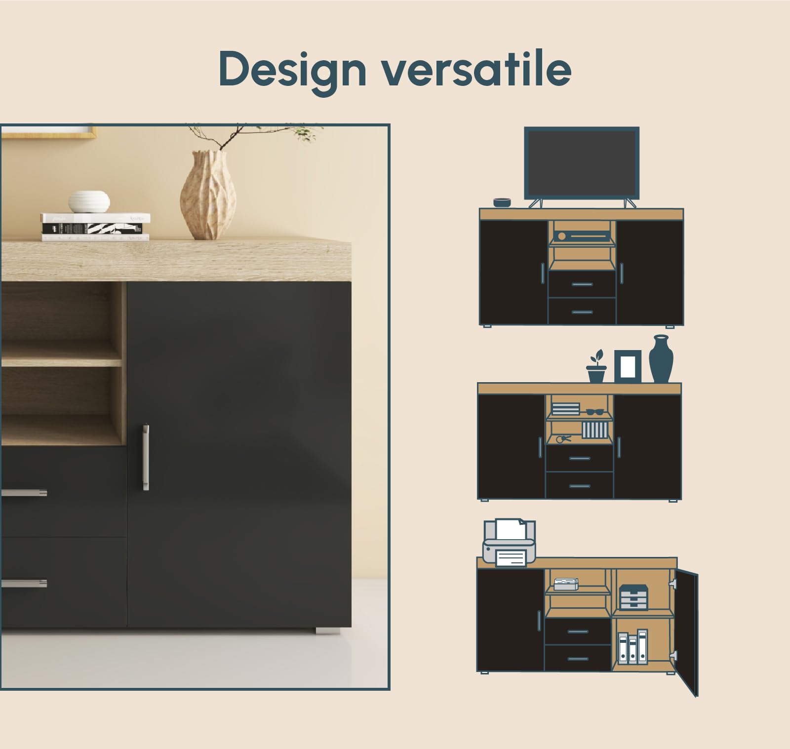 MB Muebles Bonitos | Buffet Roque pour Salon et Salle à Manger Moderne | Meuble TV en Mélamine | Couleur Noir Brillant et Sonoma Mat | 140x80x40 cm