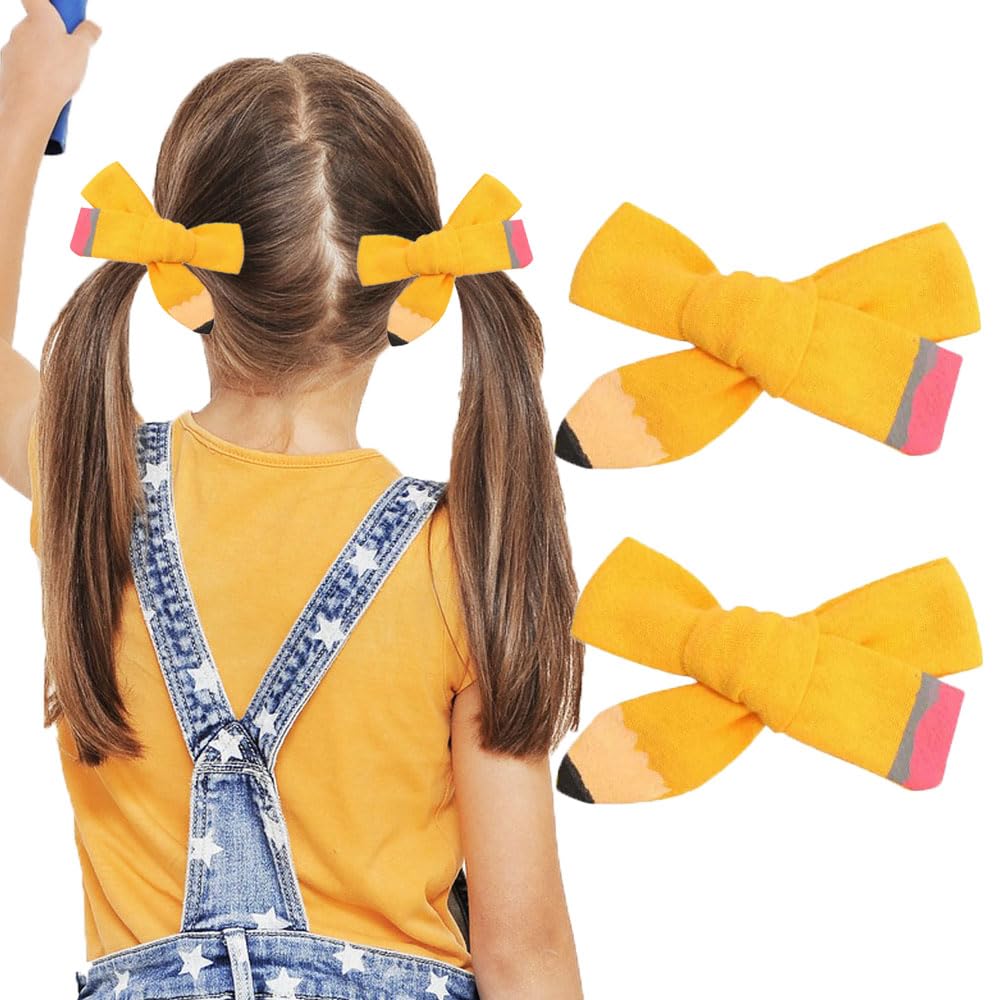 Back to School Pencil Hair Bow Clips, 2 Pack The Hand Painted Yellow Floral Pencil Design Bow Clips Hairgrips for First Day of School Kindergarten 1st 2nd 3rd 4th 5th Grade Students Hair Accessories