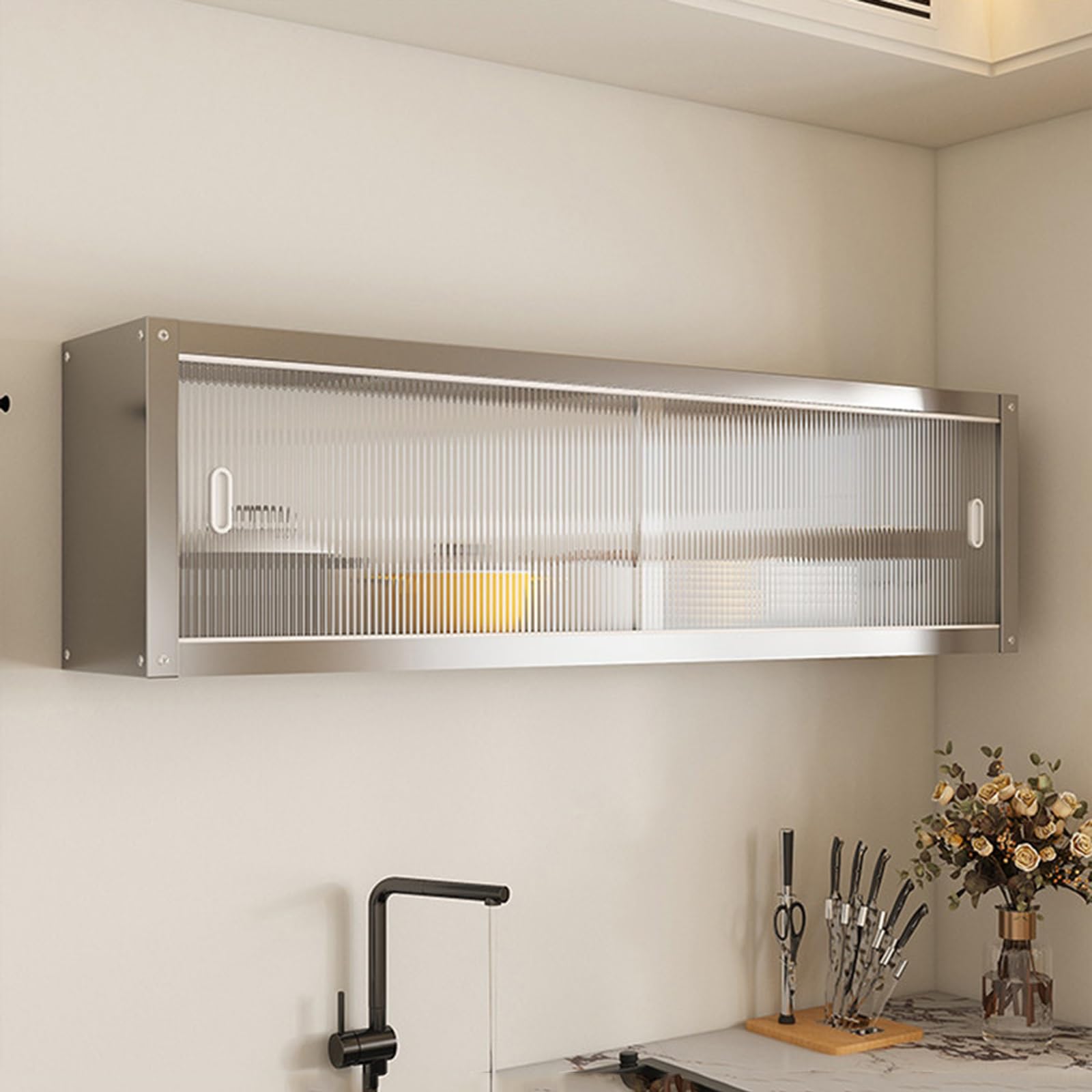 Stainless Steel Wall Cabinet With Acrylic Sliding Doors 2 Tier Metal Kitchen For Ses Dishes & Kitchen Sto,Silver-120*30*40Cm/47.2*11.8*15.7In,Silver-120*30*40cm/47.2*11.8*15.7in