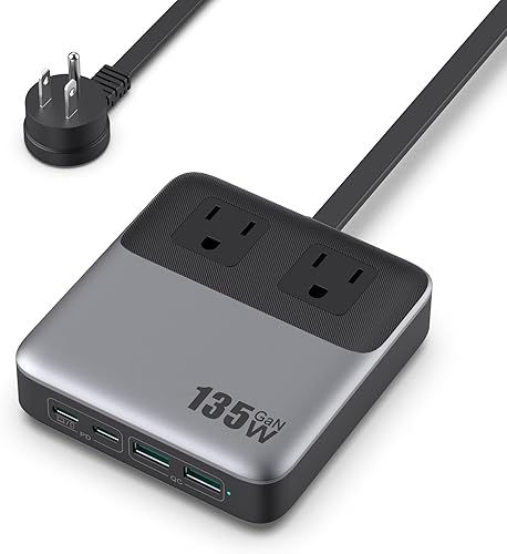 Bloque de cargador USB C, concentrador de estación de carga rápida GaN de 135 W, tira de alimentación USB C 6 en 1 con cable de 5 pies, 2 CA y 2 USB