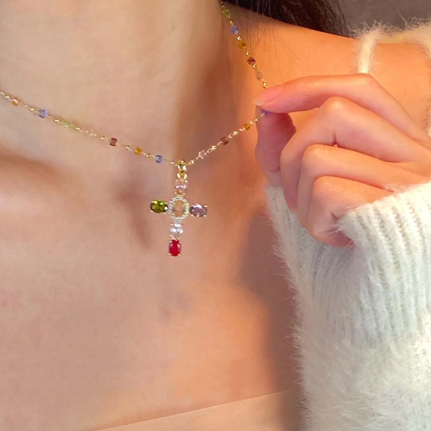 Colorful Cross Necklace for Women Rainbow Cross Pendant Necklace Trendy Colorful Chain Cross Necklace Gothic Catholic Christian Costume Accessories Jewelry - Image 5