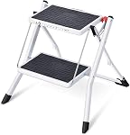 KINGRACK Folding Step Ladder, 2 Step Foldable Step Stool, Portable Stepladder with Handle, Non-Slip Rubber Mat, Release Button, Small Household Stepping Stool for Home Kitchen, for up to 330lbs, White