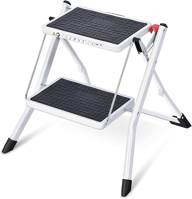 Kingrack Step Ladder,Double Side Folding Step Stool, 2 Step Portable Ladder with handdle, Large Platform,Slim Household Stepladder with Milti-fuction WKUK2031