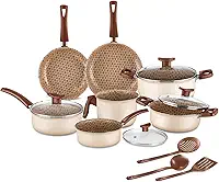House Organizer Jogo de Panelas Antiaderente com Tampas de Vidro e Utensílios – 10 Peças (Ivory)