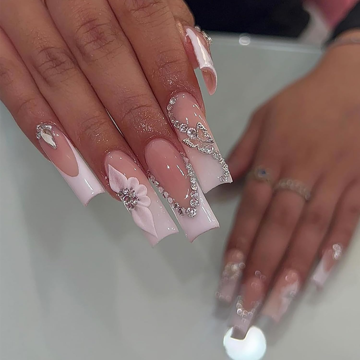 24 Pcs Medium Press on Nails Square Fake Nails 3D Rhinestones Inlay Butterfly Stick on Nails Full Cover False Nails for Girls Women Glue on Nails