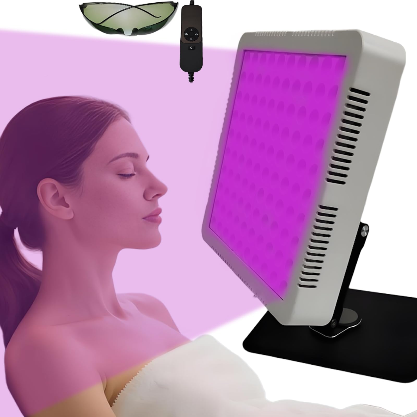 Lampe de bronzage 395 nm avec 100 LED violettes, solarium pour le visage pour une utilisation à la maison et tout le corps, avec minuterie, luminosité réglable, support et lunettes