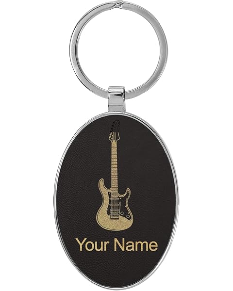 LaserGram Oval Keychain, Electric Guitar, Personalized Engraving Included (Metal Frame)