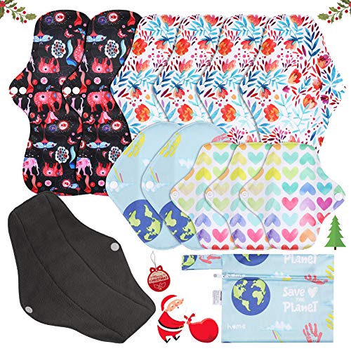 Rovtop Juego de Reutilizables de Carbón de Bambú de Tía de Ciclo 12 Pcs - 4 Tamaños Almohadilla Menstrual Reutilizable Compresa + 1 Bolsa de Transporte Mini （XL x 2，L x 4，M x 2，S x 4）