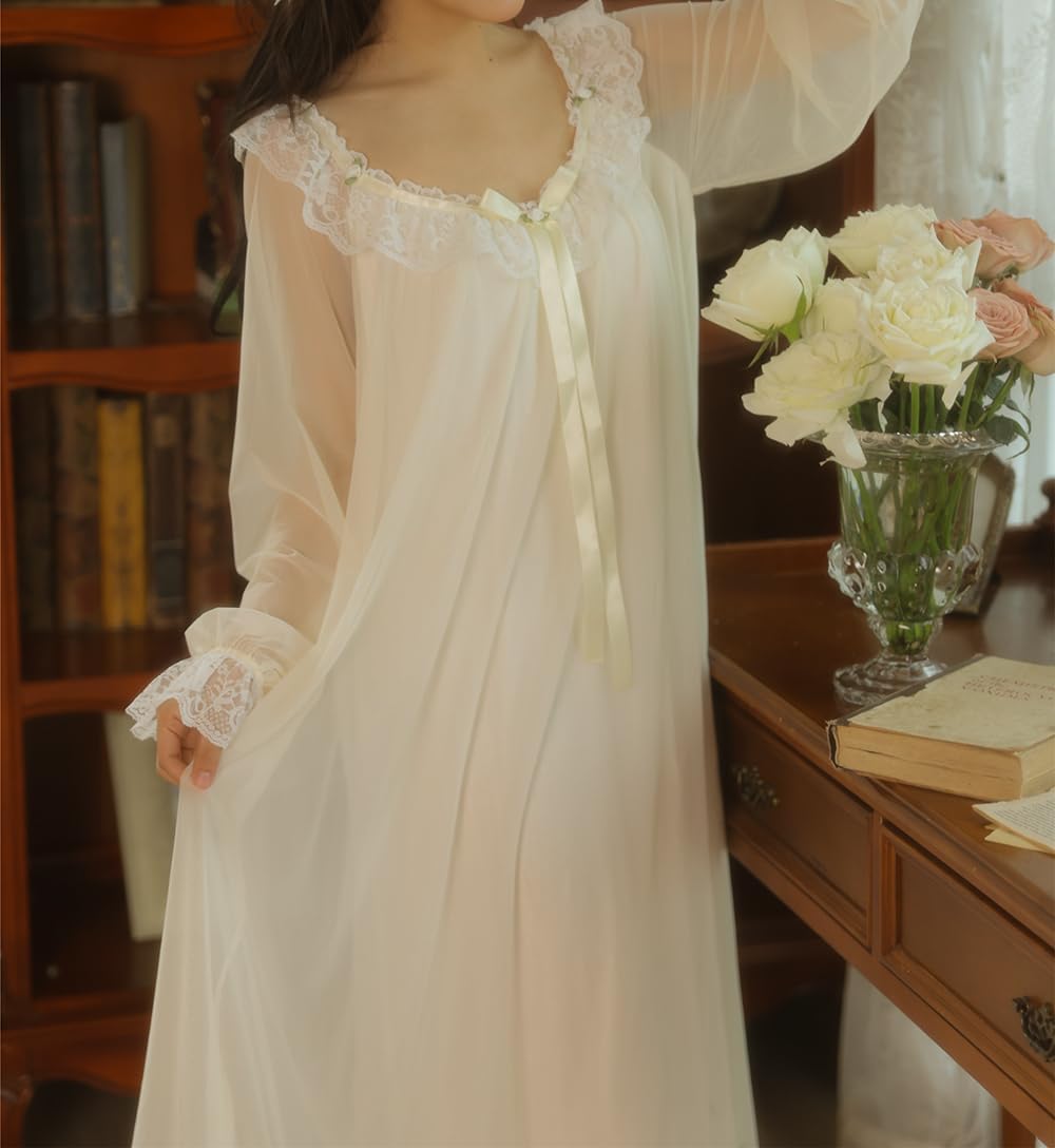 Womens Vintage Nightgown Princess Sleepwear Chemises Mesh Long Sleeve Lounger Pajamas Nightdress - Image 5