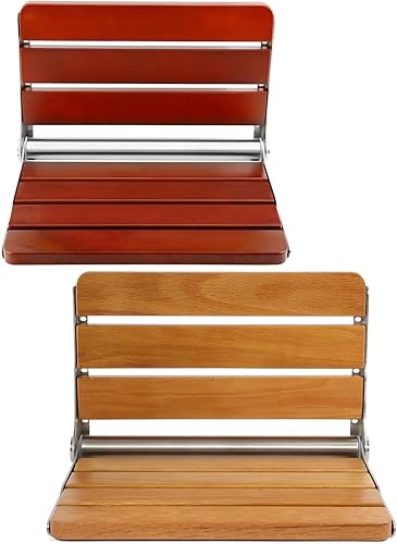 Dyna-Living Asiento de ducha plegable de madera de teca montado en la pared, 2 piezas, 400 libras, asiento de ducha plegable