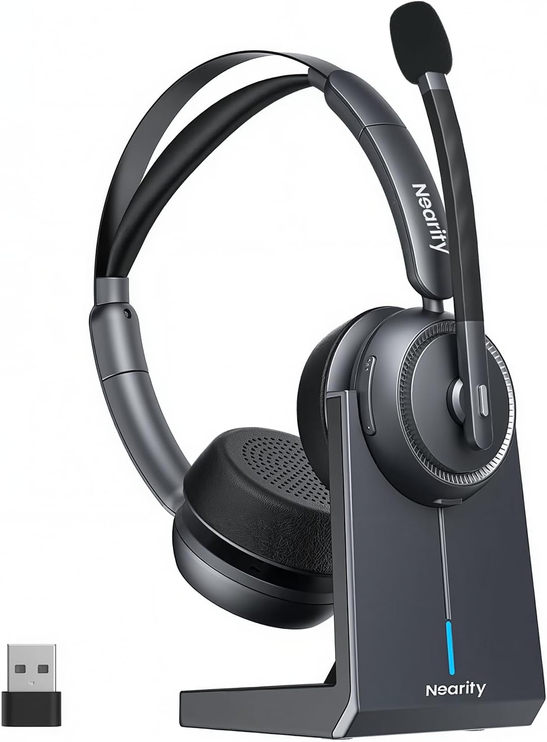 NEARITY EP320 Wireless Headset with Mic for Work, Bluetooth Headphones Noise Canceling, USB Headset with Microphone for PC, Charging Stand, Type-A Dongle, Mute Button for Office/Home/Call Center