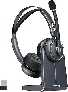 NEARITY EP320 Auriculares Inalámbricos con Micrófono para Trabajo, Bluetooth con Cancelación de Ruido, Tipo A Dongle para PC, Base de Carga & Cancelación de Ruido para Oficina/Hogar/Call Center