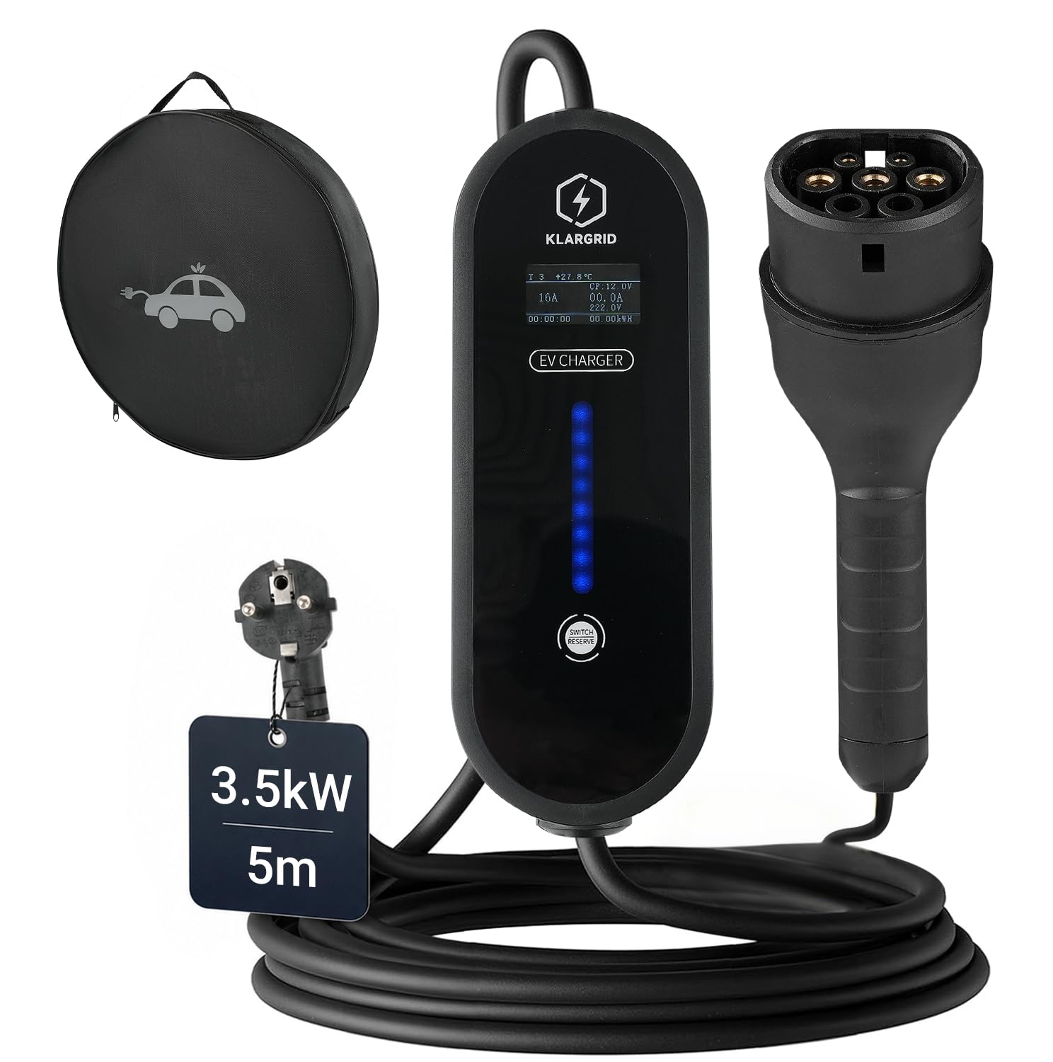 Typ 2 Ladekabel Schuko 3,5KW | 8A/10A/13A/16A | 5m | IP54 | Steuerbare Digitalanzeige | Verzögerungsstart & Stromregelung | Für Elektroauto & PHEV