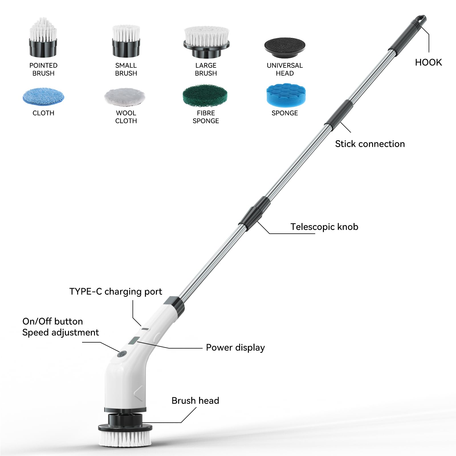 Cepillo de limpieza eléctrico inalámbrico, cepillo de fregar de microfibra para pisos de madera dura, con cabezal de cepillo de acero inoxidable y cable de carga USB (blanco)