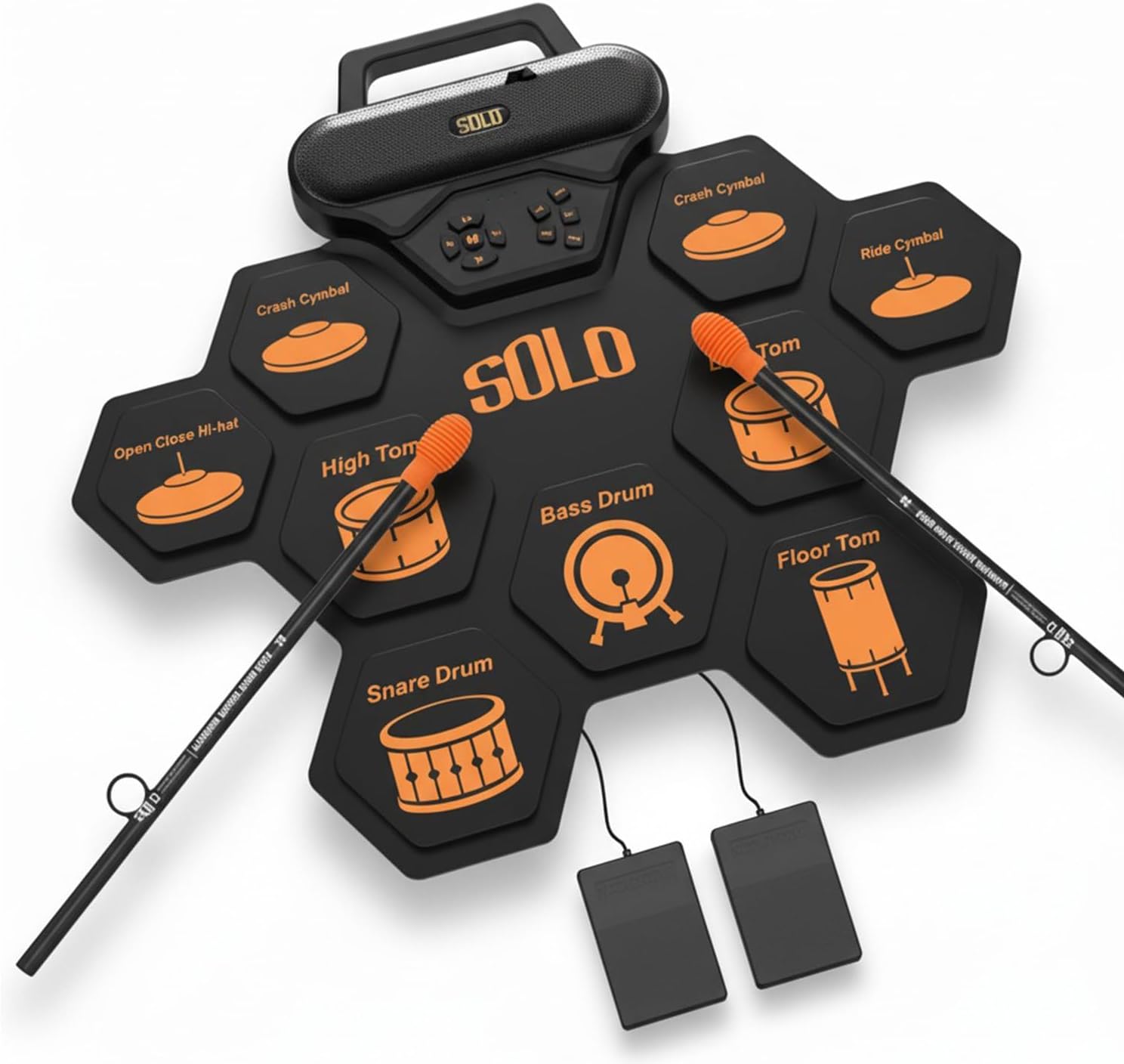 Portable Electronic Roll-Up Drum Set – 9-Pad Rechargeable Roll-Up MIDI Drum Pad with Handy Carry Handle, Built-In Speakers, Headphone Jack, Sticks Foot Pedals