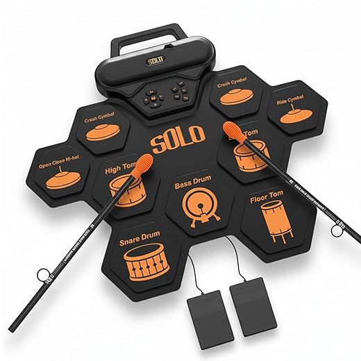 Portable Electronic Roll-Up Drum Set - 9-Pad Rechargeable Roll-Up MIDI Drum Pad with Handy Carry Handle, Built-In Speakers, Headphone Jack, Sticks Foot Pedals