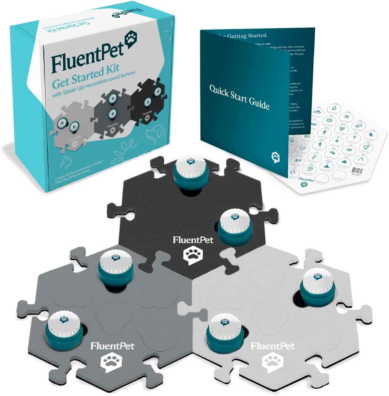 FluentPet Speak Up! Key Vocab Kit with Clearer Upward-Facing Sound - 12 Recordable Buttons w/Pre-Installed Batteries, 6 HexTile Button Mats - Training Dog & Cat Communication Buttons