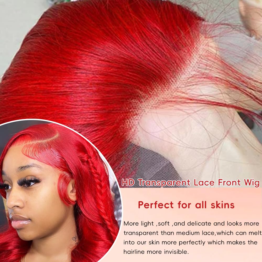 Red Wig Human Hair 200 Density Lace Front Wig, Body Wave 13x4 HD Lace Frontal, Pre-Plucked, Glueless, 22 Inch