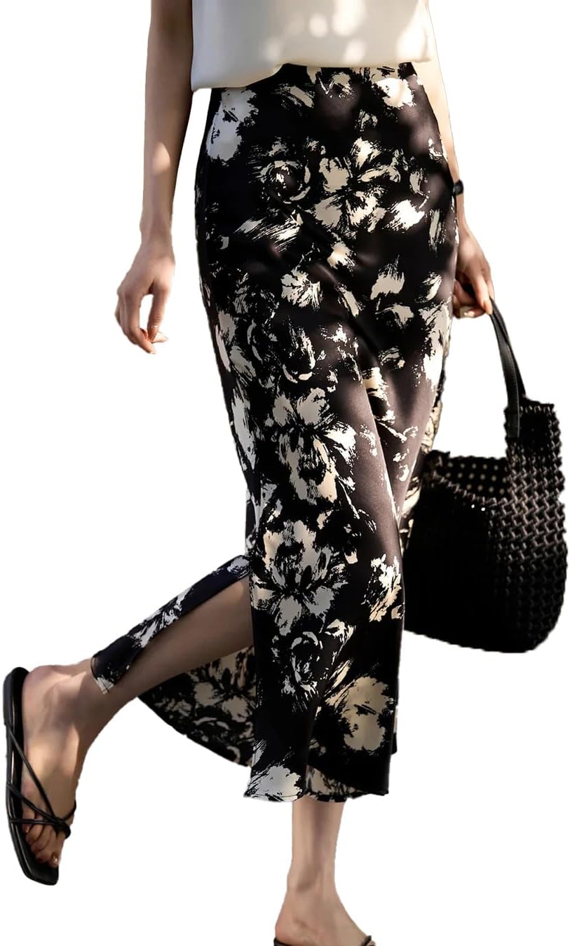 DAISYSILK 100% Silk Floral Maxi Skirt for Women Black and White Bias Cut Skirt with Side Slit Elegant Plus