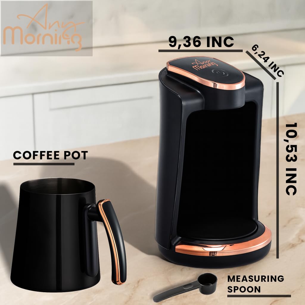 Any Morning LI23201S Türkische Kaffeemaschine 250 ml, 4 Tassen, Auto-Aus | Edelstahlkanne mit Doppelausguss, Brauerkennungssensor, Touch-Start, 400 W, kompakt, Trockenkoch- und Überhitzungsschutz