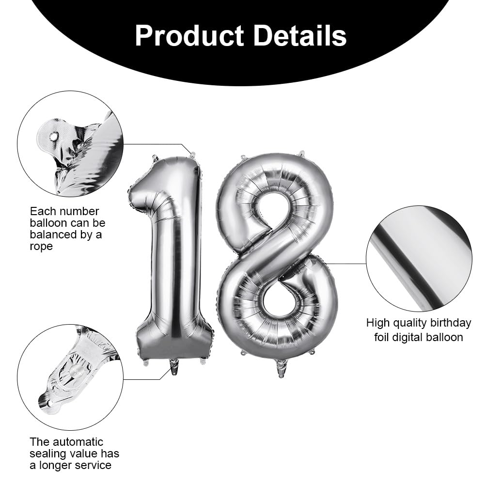 Marque : OFFCUP OFFCUP Ballon d'Anniversaire 18 Ans Argent, Foil Ballon Numéro Chiffre 101cm, Gonflable Hélium, Deco Anniversaire 18 Ans Grand Ballons pour Fête Party Mariage in use