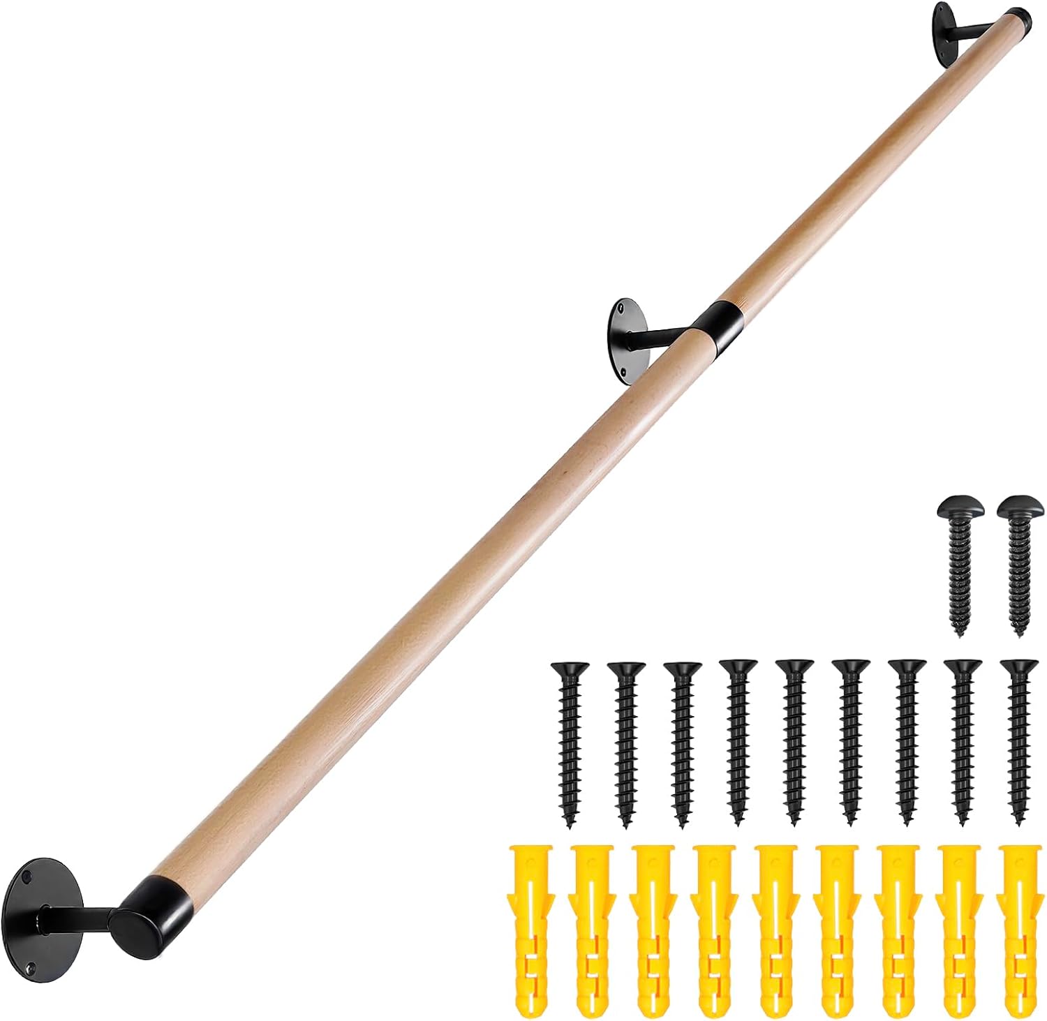 2FT Wood Hand Railing for Stairs - Wooden Handrails for Outdoor Steps, Staircase Handrail W/s Black Metal Brackets, Banister Deck Rails, Safety Grab Bars for Senior, Elderly & Kids