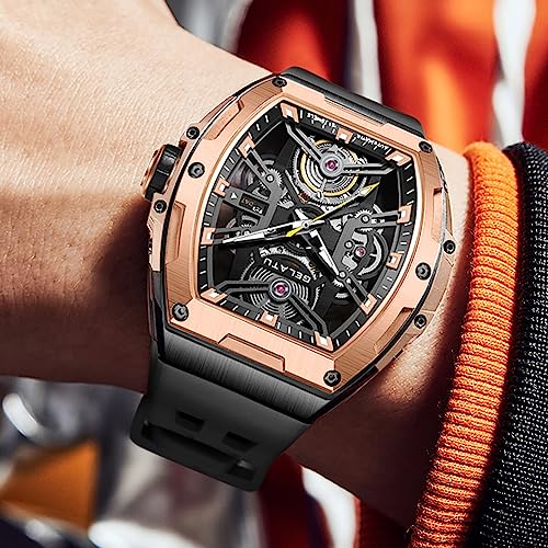 Image of OLEVS Luxury Watches for Men Black Mechanical Wrist Watch Self Winding Automatic Tourbillon Watches Skeleton Waterproof Mens Wrist Watch