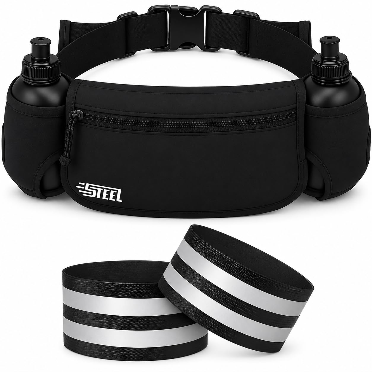 Cintura da corsa, Borsa Banana Sport Cintura con Portabottiglie Morbido Impermeabile Tasca Uomo Donna per Smartphone iPhone Samsung Galaxy, Comodo Jogging Footing (ALL BLACK (2 bracciali inclusi))