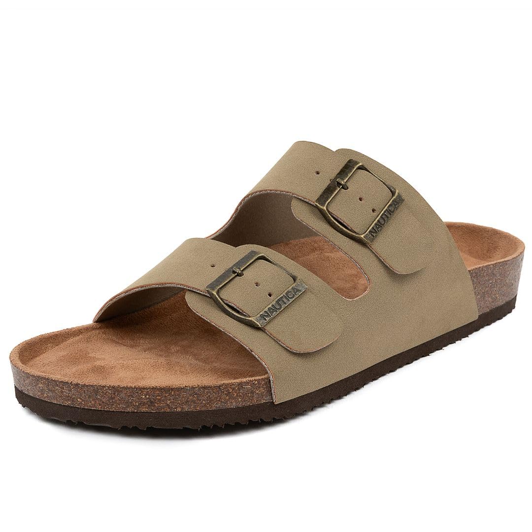 Nautica Men's Sandals - Casual Slides with 2 Adjustable Buckle Straps and Cork Footbed for Ultimate Comfort and Style (Regular/Wide Width, Big Size)
