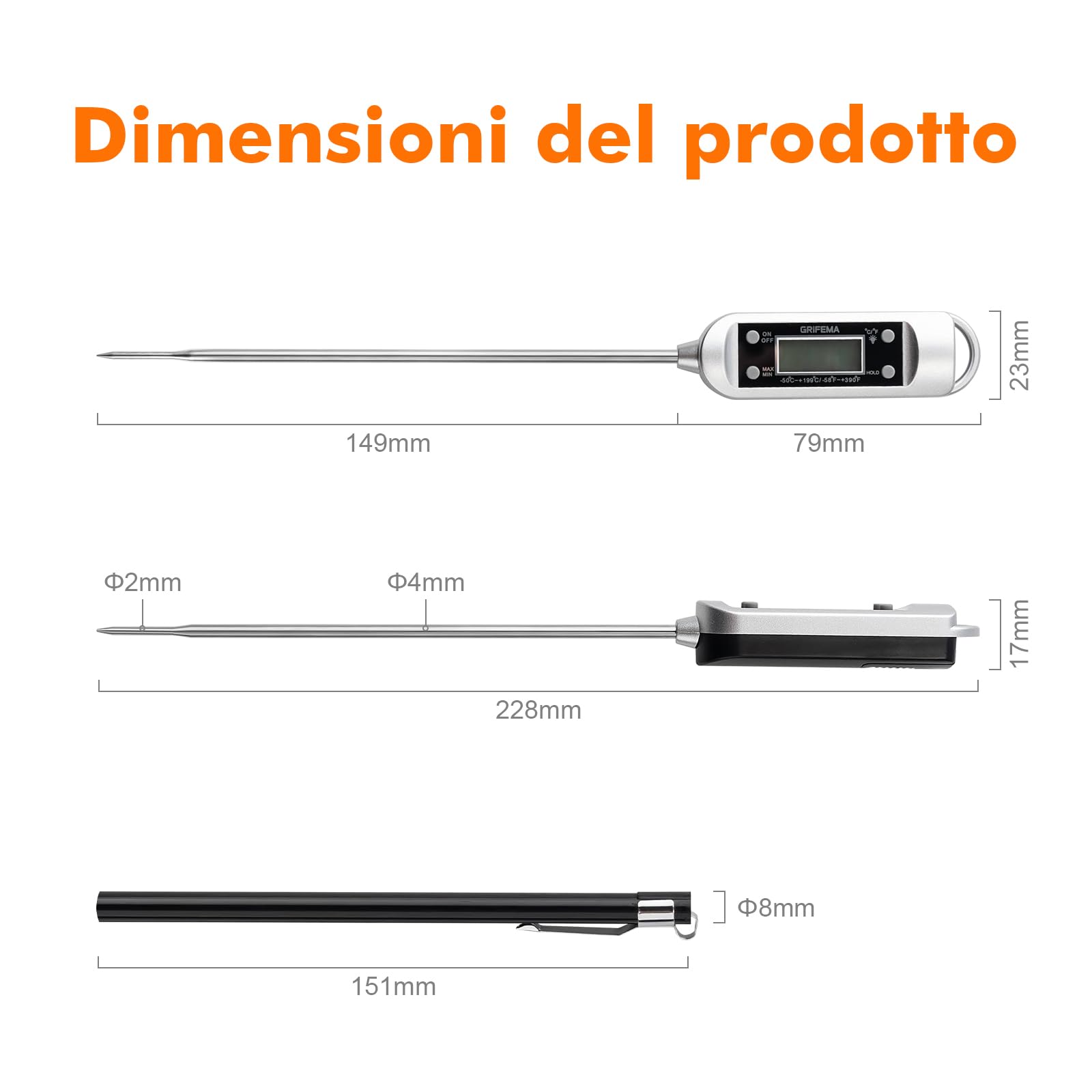 GRIFEMA GA2802 Termometro da Cucina, Sonda in Acciaio Inossidabile 304, Misurazione Rapida, per Barbecue Forno Pasticceria