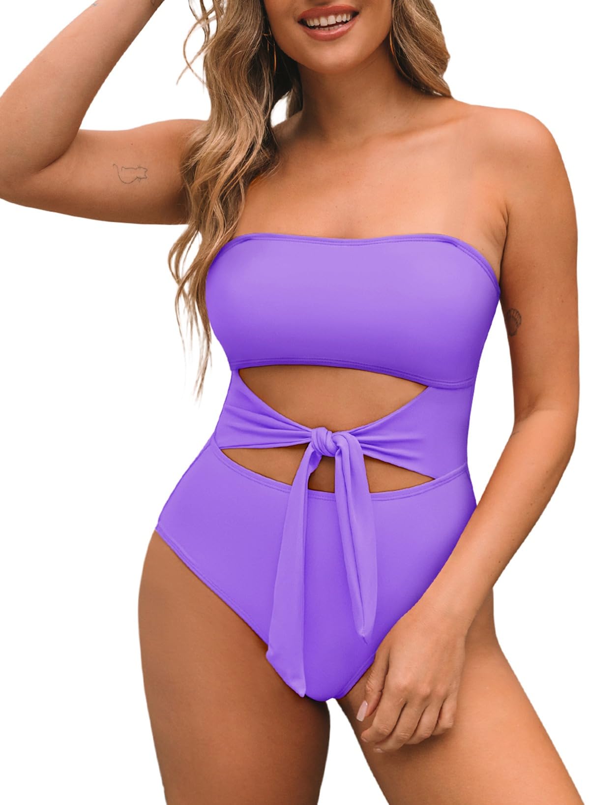 Pink QueenWomen Bandeau One Piece Swimsuit Removable Strap Cutout Tie High Waist Bathing Suit Monokini