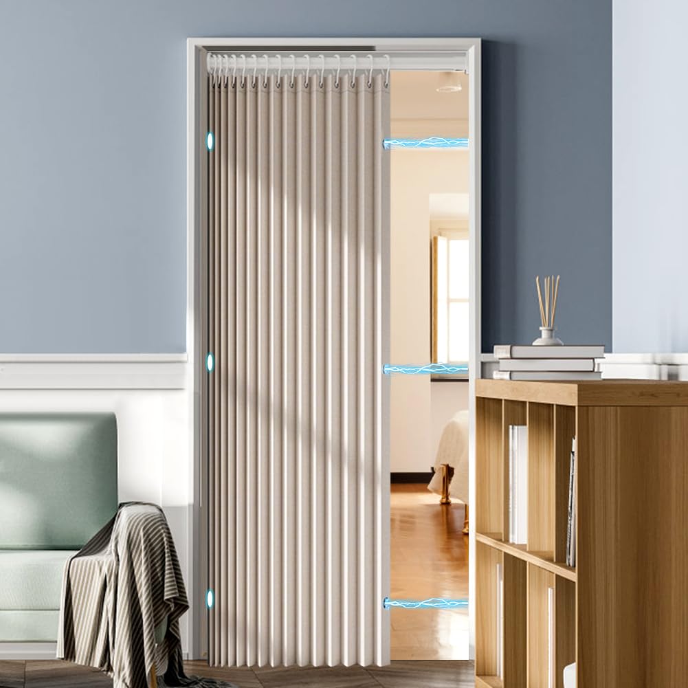 Cortina para puerta sin taladrar, cortina térmica para puerta con barra telescópica, separador de habitaciones magnético para puertas y habitaciones, adecuado para cortina térmica, puerta plegable