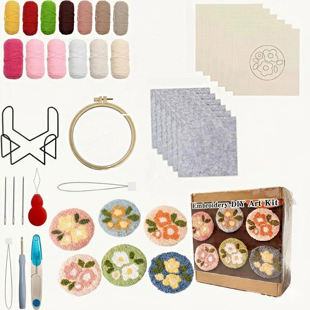 Set di 6 sottobicchieri Punch Needle, set da ricamo per principianti, set da ricamo per adulti con motivi, filato, telaio da ricamo, istruzioni e supporto, per fai da te, punto croce