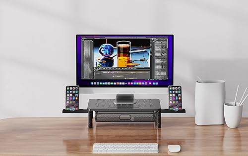 Miniatura 4 de Zimilar Soporte elevador para monitor con cajón de malla metálica, elevador de monitor de altura ajustable con soporte para teléfono para