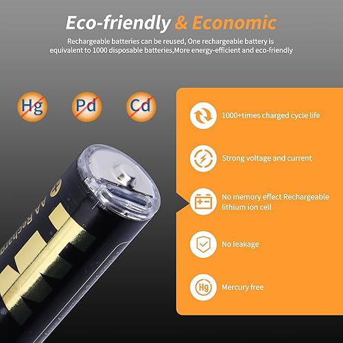 Miniatura 5 de HW Paquete de 4 baterías AA recargables por USB, baterías de litio recargables con cable de carga tipo C, baterías dobles, salida constante de 1.5