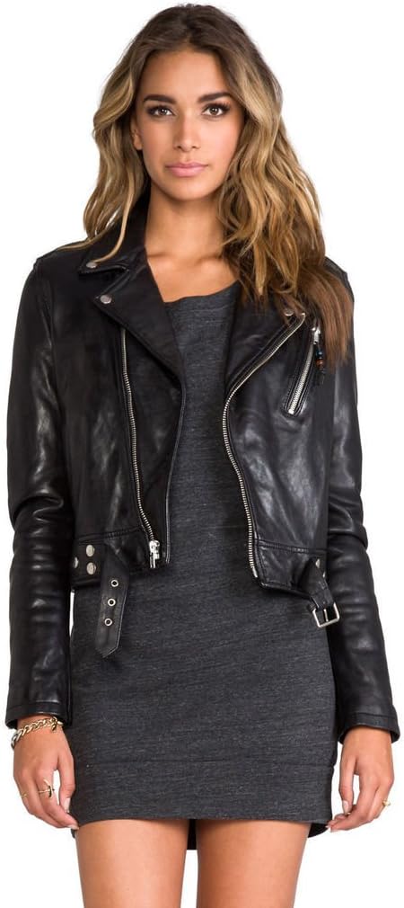 Women's Genuine Lambskin Biker Bomber Jacket Medium Black