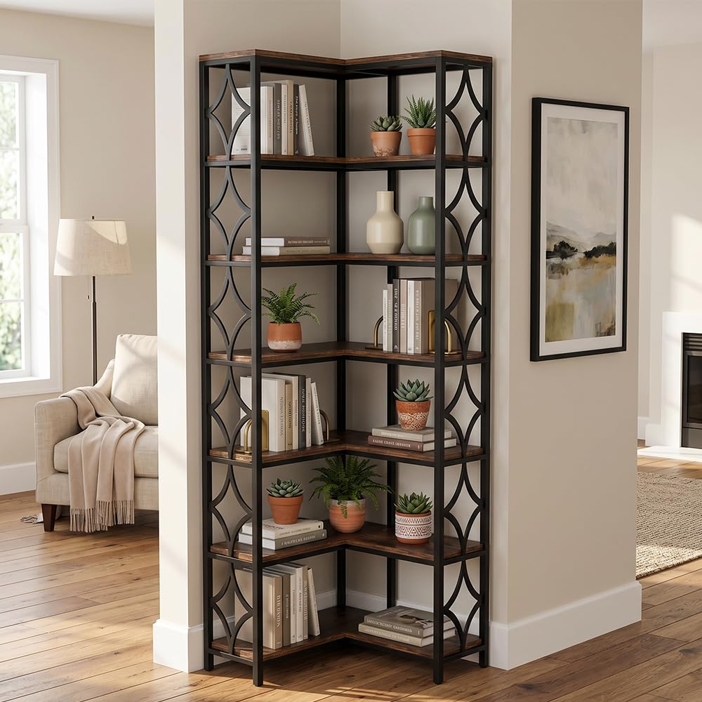 7 Ebenen Eck-Bücherregal Vintage, L-förmiges Regal, 200 cm Hoch, Industrielles Eckregal Stehend, Regal Holz Metall, Standregal für Wohnzimmer, Büro, küche, Schlafzimmer (Braun)