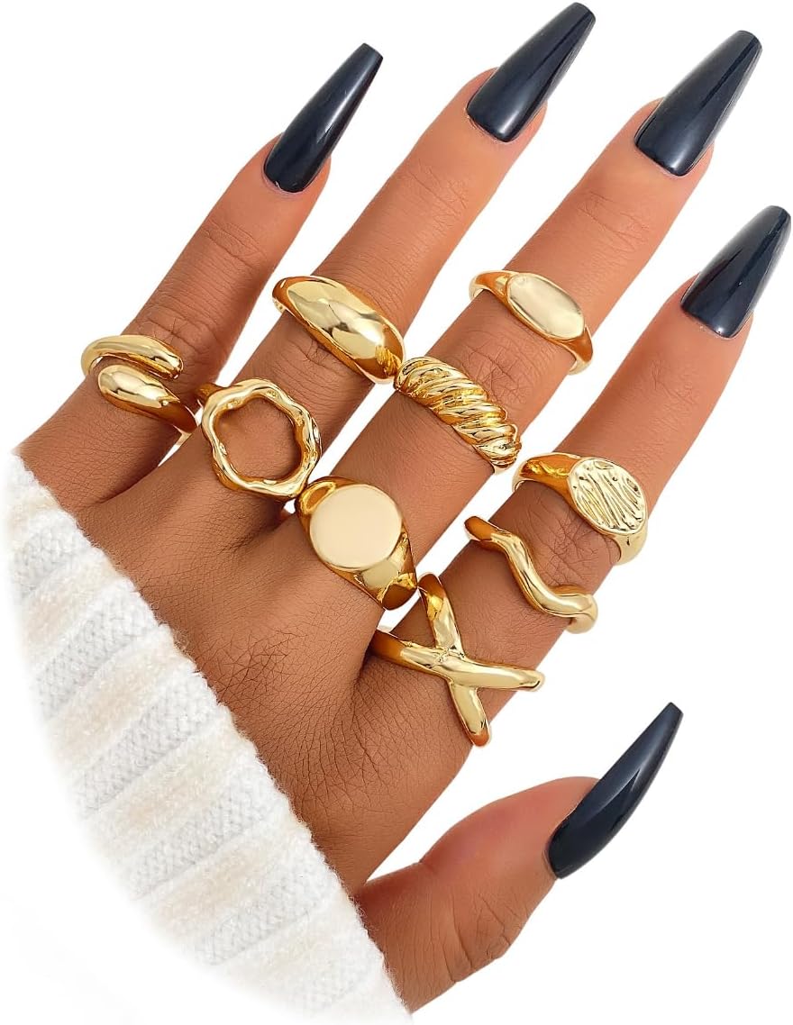 9Pcs Chunky Gold Glossy Rings Set for Women Thick Silver Dome Knuckle Rings Pack Stackable Geometric Open Statement Ring Stack Trendy Jewelry Gifts