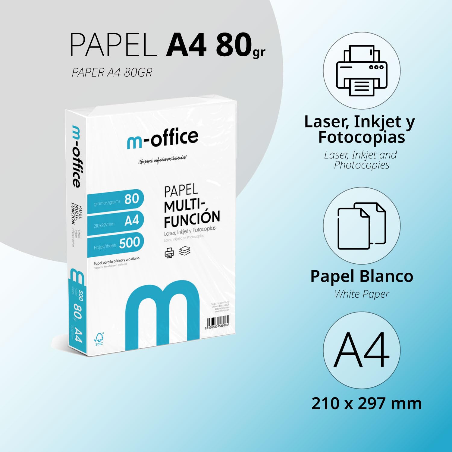 Pack Folios A4 80gr, paquet de 150 feuilles, papier multifonction pour imprimante jet d'encre et laser, feuilles A4 210 x 297 mm idéal pour le bureau et la maison · m-office (150 feuilles) - 2