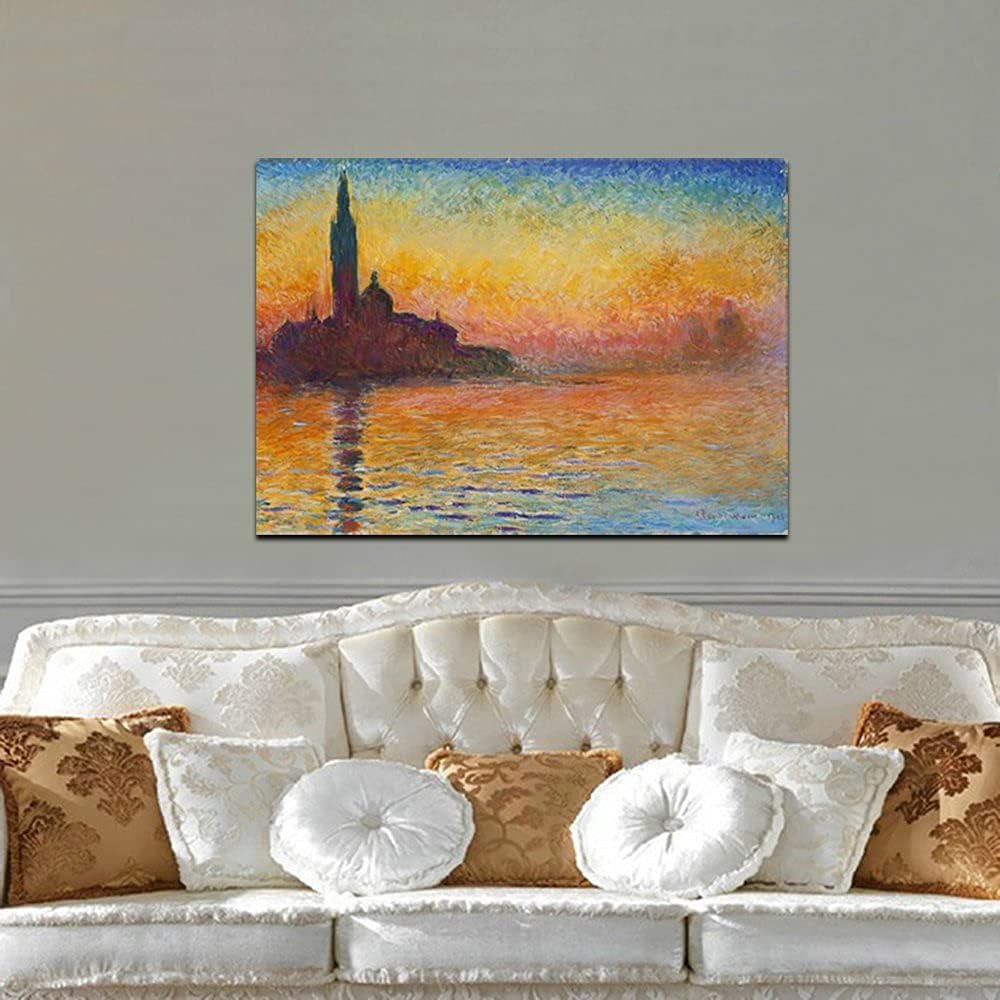 Wieco Art Dusk in Venice Canvas Prints Wall Art of Famous Oil Paintings by Claude Monet Stretched and Framed Giclee Classic Impressionist Art work Ready to Hang for Wall Decor Living Room Bedroom