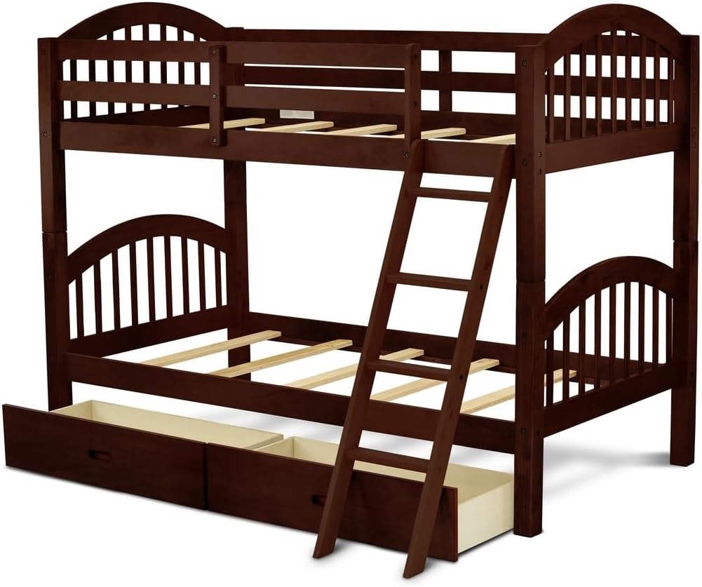 HomeStock Twin Bunk Beds with Drawers & Ladder - Space Saving Wood Bunk Bed Frame - Java Finish