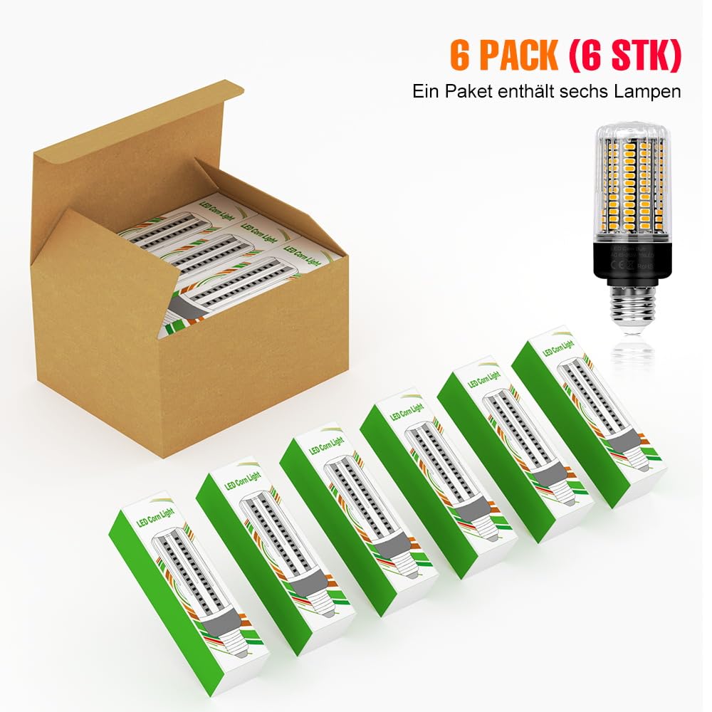 WENNI 6er-Pack E27 Mais LED Lampe Warmweiß 3000K Glühbirnen 156Leds Maiskolben 85-265V Energiespar Leuchtmittel Deckenlampe 2 Jahre Garantie für Küche Schlafzimmer 12W Tatsächliche Leistung