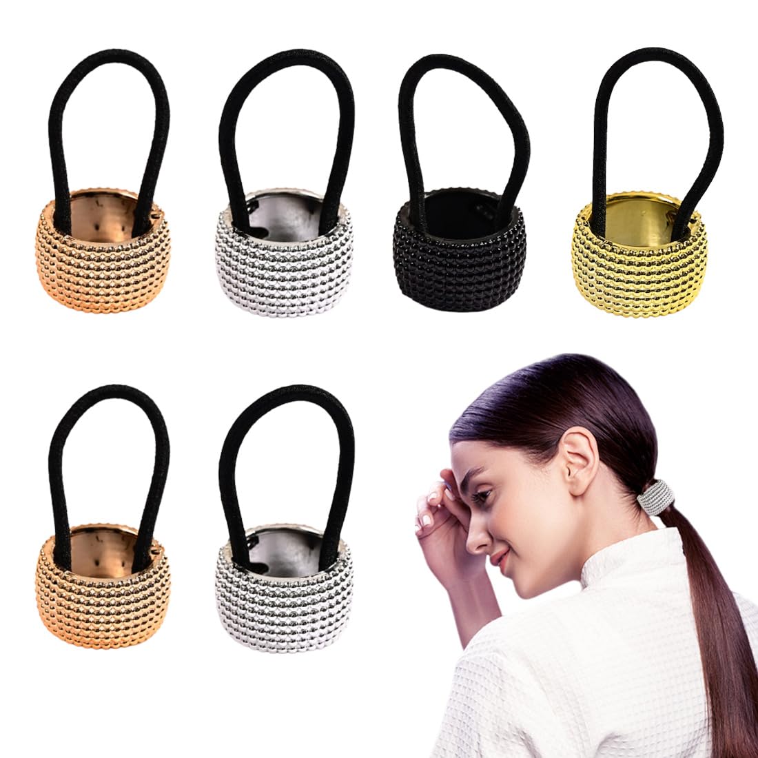 6pcs Rhinestone Glitter Ponytail Holder Cuff Metal Scrunchies Gothic Punk Hair Holder Elástico Hair Band Cuerda Adecuado para mujeres niñas, mezcla de colores adornos pelo coletero dorado coleteros