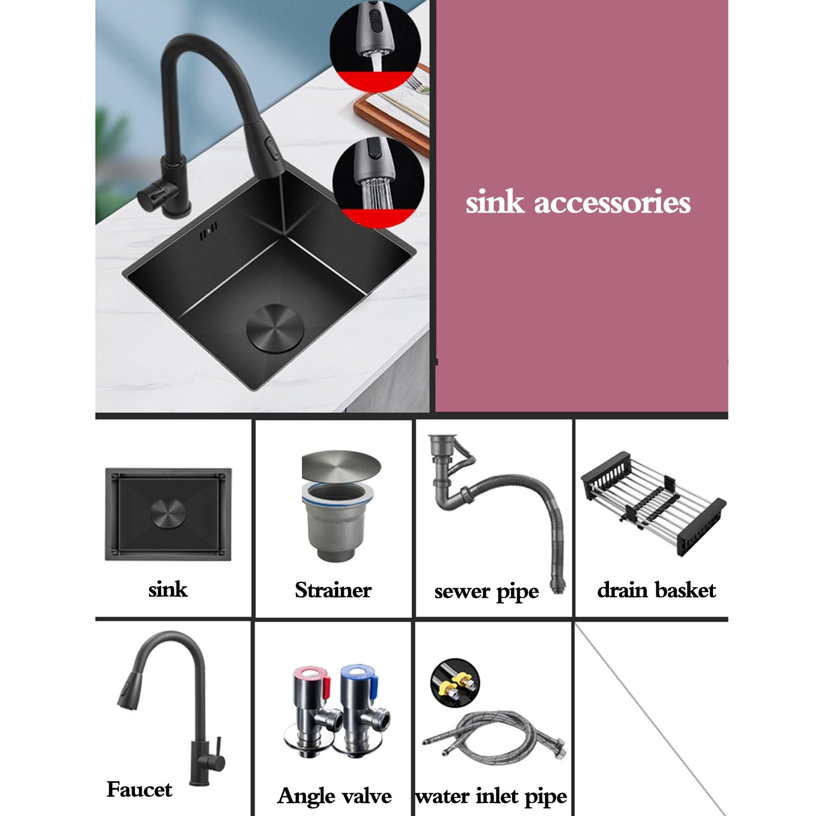 Lavello a sifone singolo con rubinetto estraibile per cucina e bagno, mini lavello per lavaggio a mano, lavello da bar per camper, piano di lavoro, lavello integrato, acciaio nero, 45 x 40 x